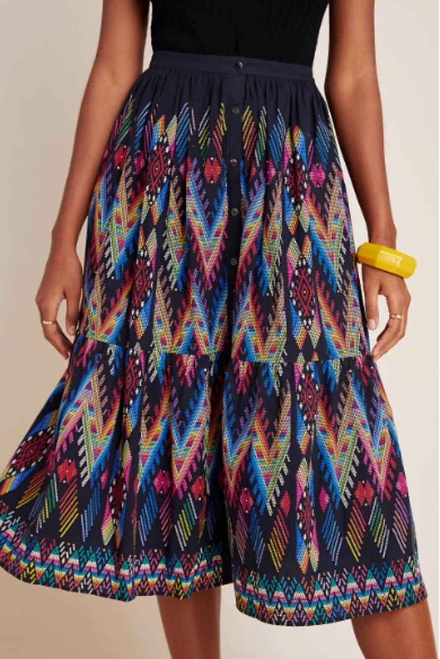 Anthropologie Tanvi Kedia Iris Tiered Midi Skirt Black Chevron Button Front XS